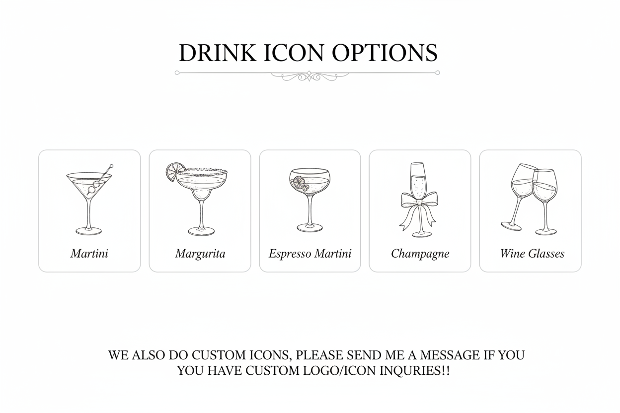 Drink icon chart with martini, margarita, champagne, and wine glass options