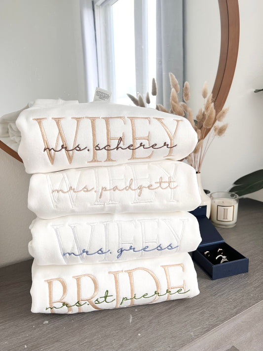 Custom Embroidered Wifey Sweatshirt, Personalized Last Name Bridal Crewneck, Hubby Bride Engagement Gift