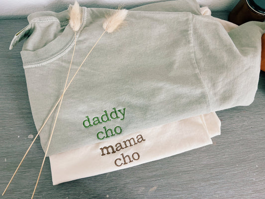 Custom Embroidered Comfort Colors T-Shirt, Personalized Pocket Tee, Father's Day Gift, Mama Dada Graduation Gift