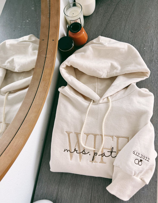 Custom Embroidered Wifey Hoodie, Personalized Last Name Bridal Gift, Wedding Engagement Hoodie, Hubby Bride Gift
