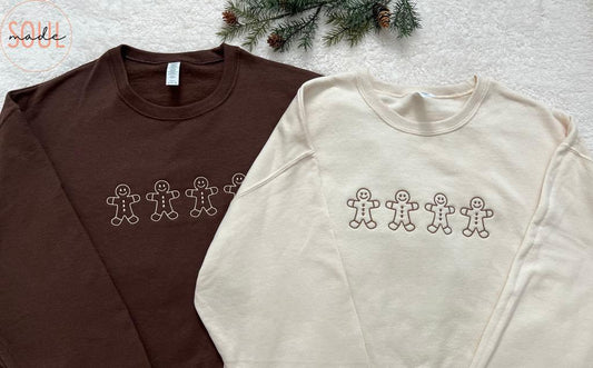 Gingerbread Men Embroidered Sweatshirt, Custom Sleeve Name Crewneck, Medium Weight Christmas Gift, Holiday Sweatshirt
