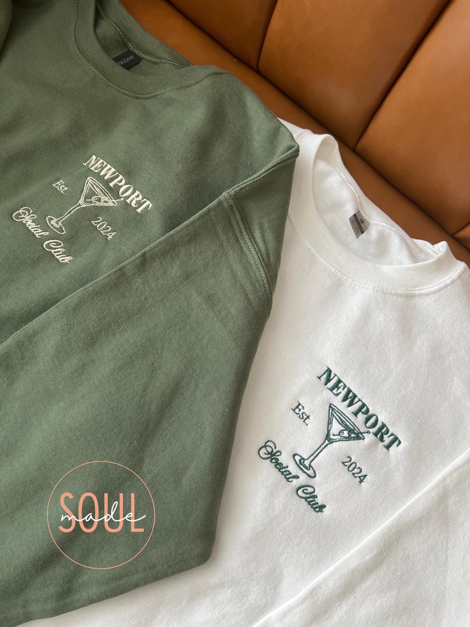 Green and white personalized sweatshirts with Newport Social Club embroidery