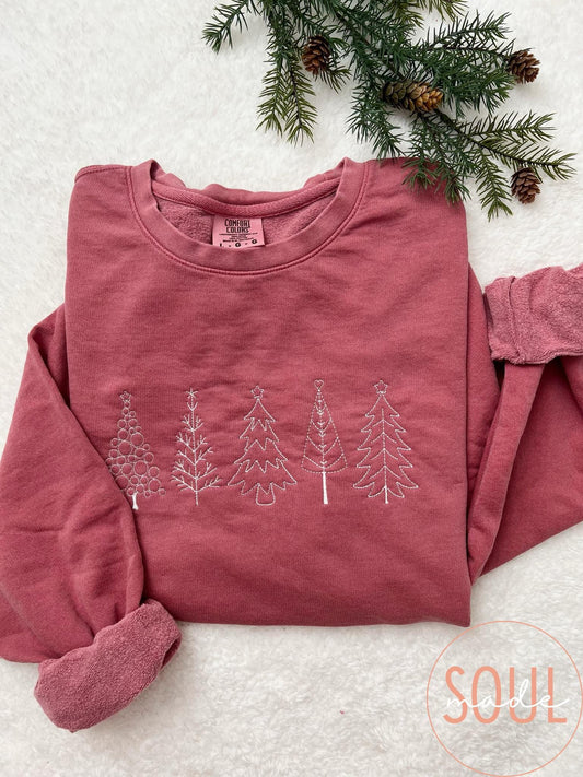 Christmas Tree Embroidered Comfort Colors Sweatshirt, Custom Sleeve Name Crewneck, Lightweight Christmas Gift