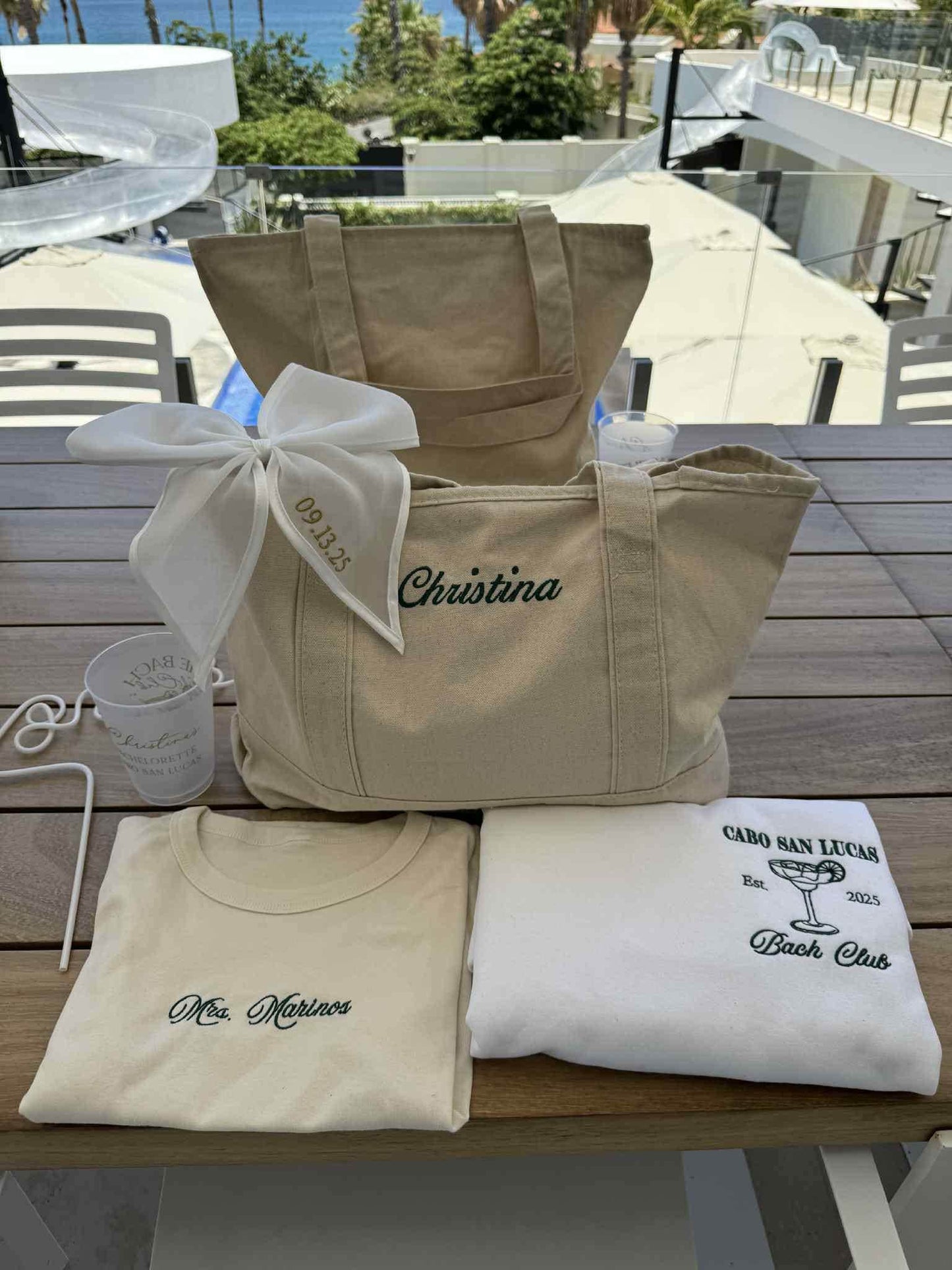 Personalized bridal gift set with embroidered baby tee and tote bags
