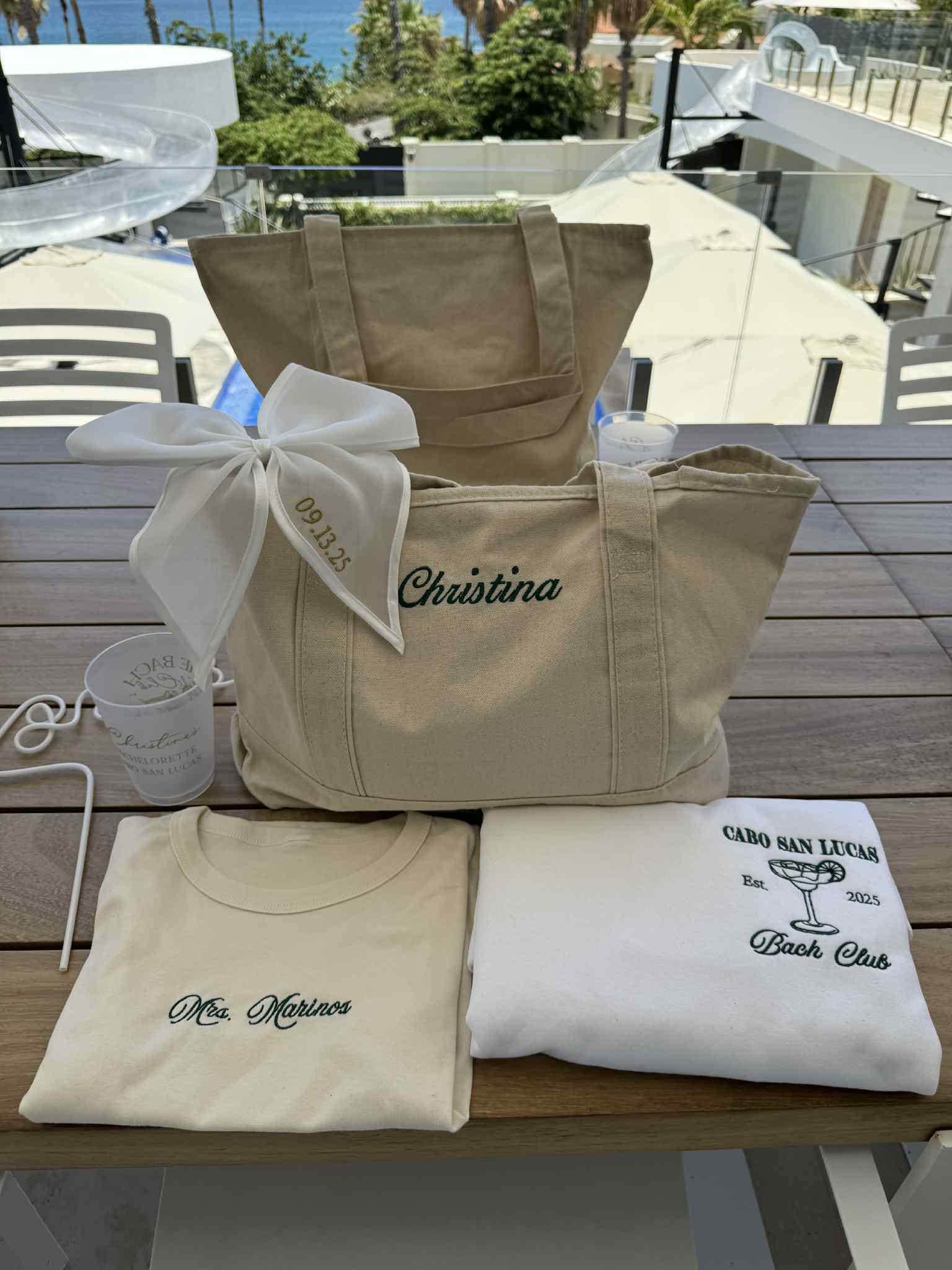 Personalized bridal gift set with embroidered baby tee and tote bags