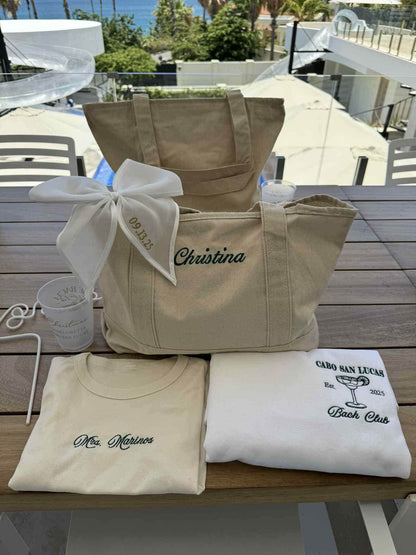 Personalized bridal gift set with embroidered baby tee and tote bags