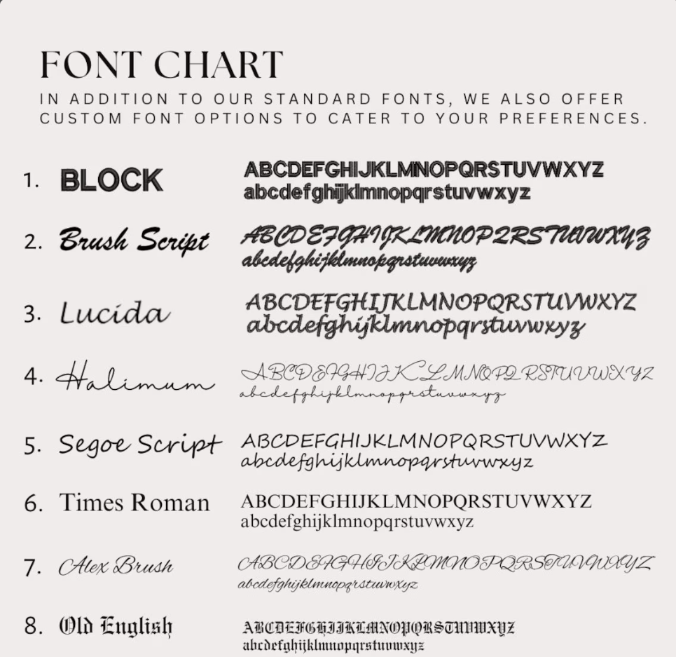 Font chart showing eight lettering options for custom sweatshirt embroidery