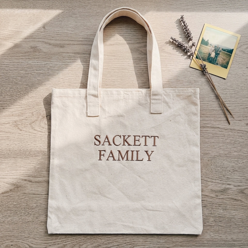 Natural tote bag with Sackett Family embroidery on wood background