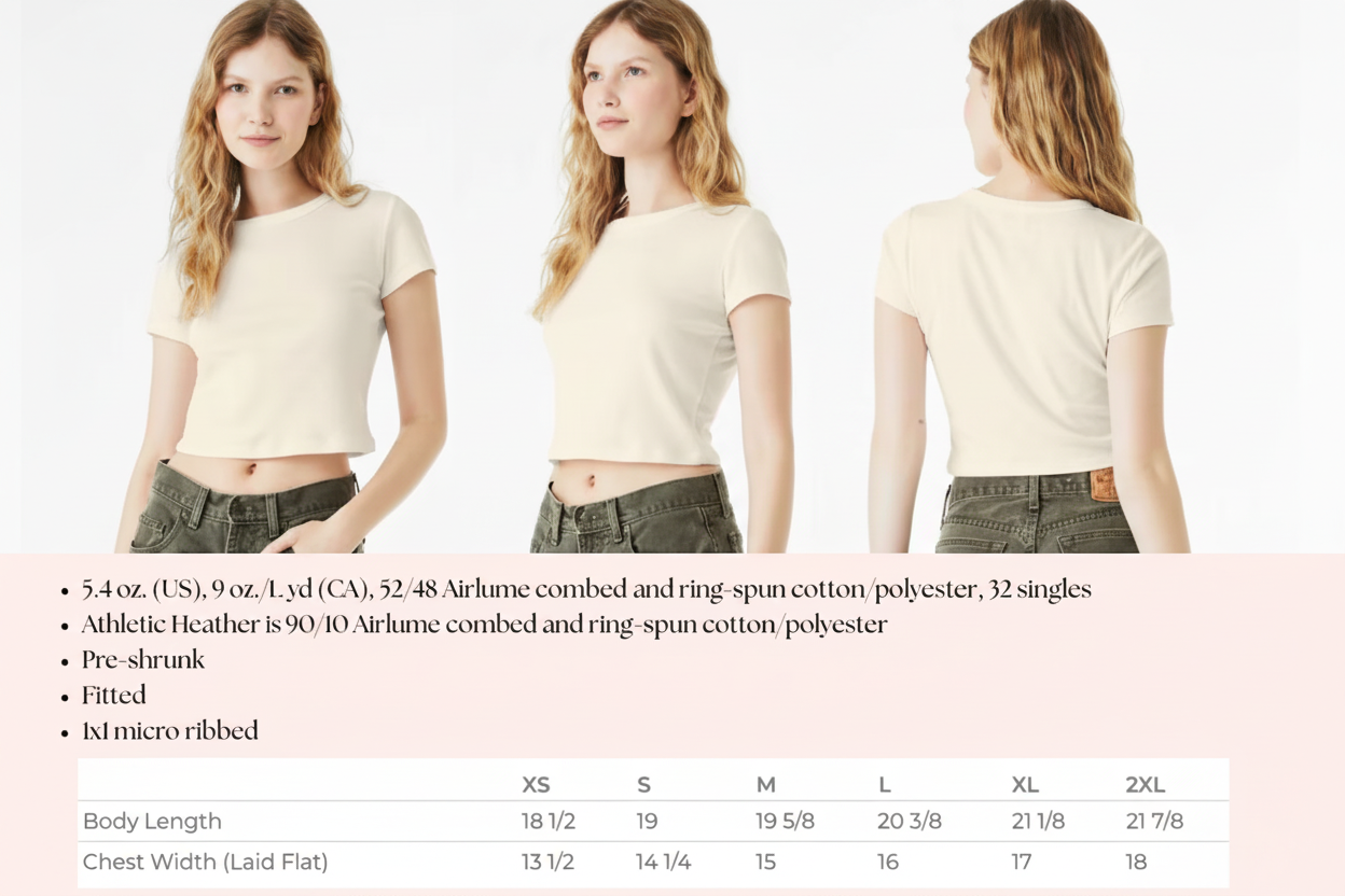 Baby tee product details and size chart with front, side, and back model views