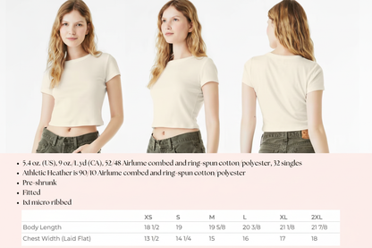 Baby tee product details and size chart with front, side, and back model views