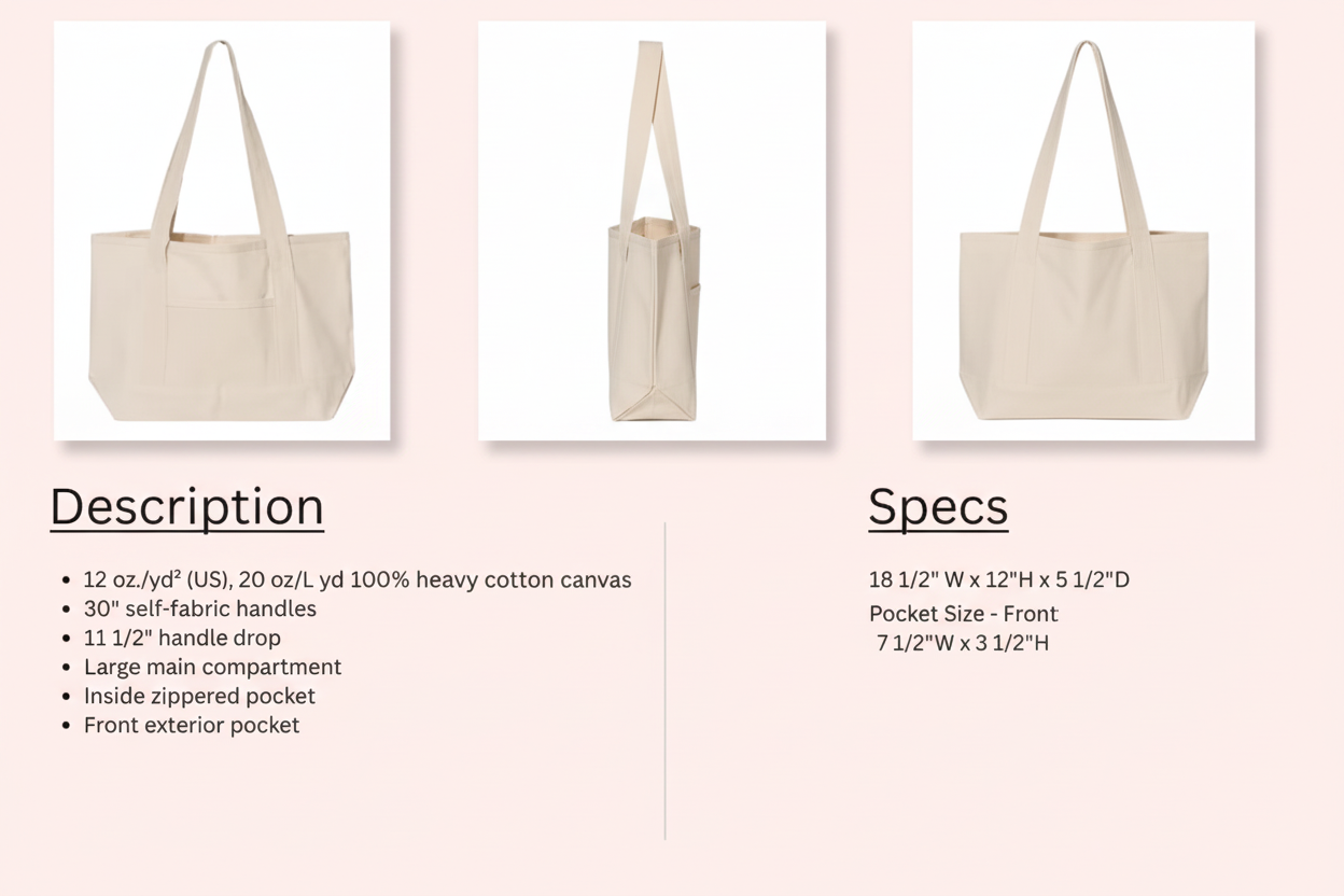 Tote bag information card with product photos and specs