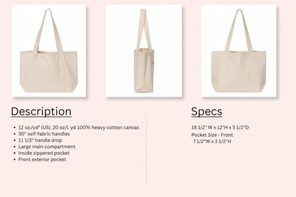 Tote bag information card with product photos and specs