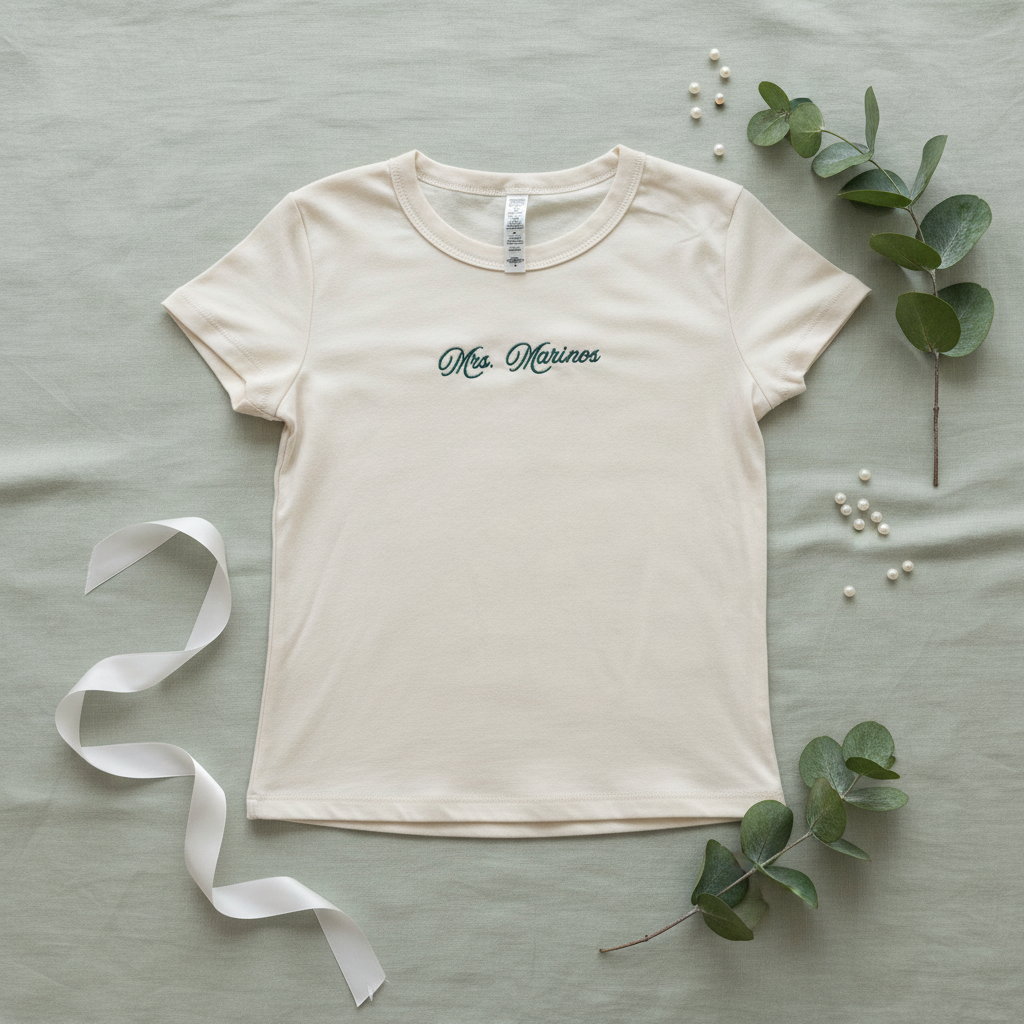 Cream custom embroidered baby tee with Mrs. Marinos text in a styled flat lay